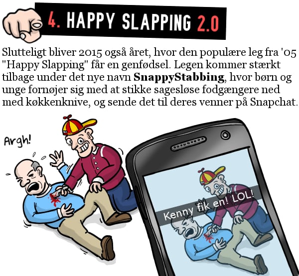 4. HAPPY SLAPPING 2.0: Slutteligt bliver 2015 også året, hvor den populære leg fra '05 "Happy Slapping" får en genfødsel. Legen kommer stærkt tilbage under det nye navn SnappyStabbing, hvor børn og unge fornøjer sig med at stikke sagesløse fodgængere ned med køkkenknive, og sende det til deres venner på Snapchat.