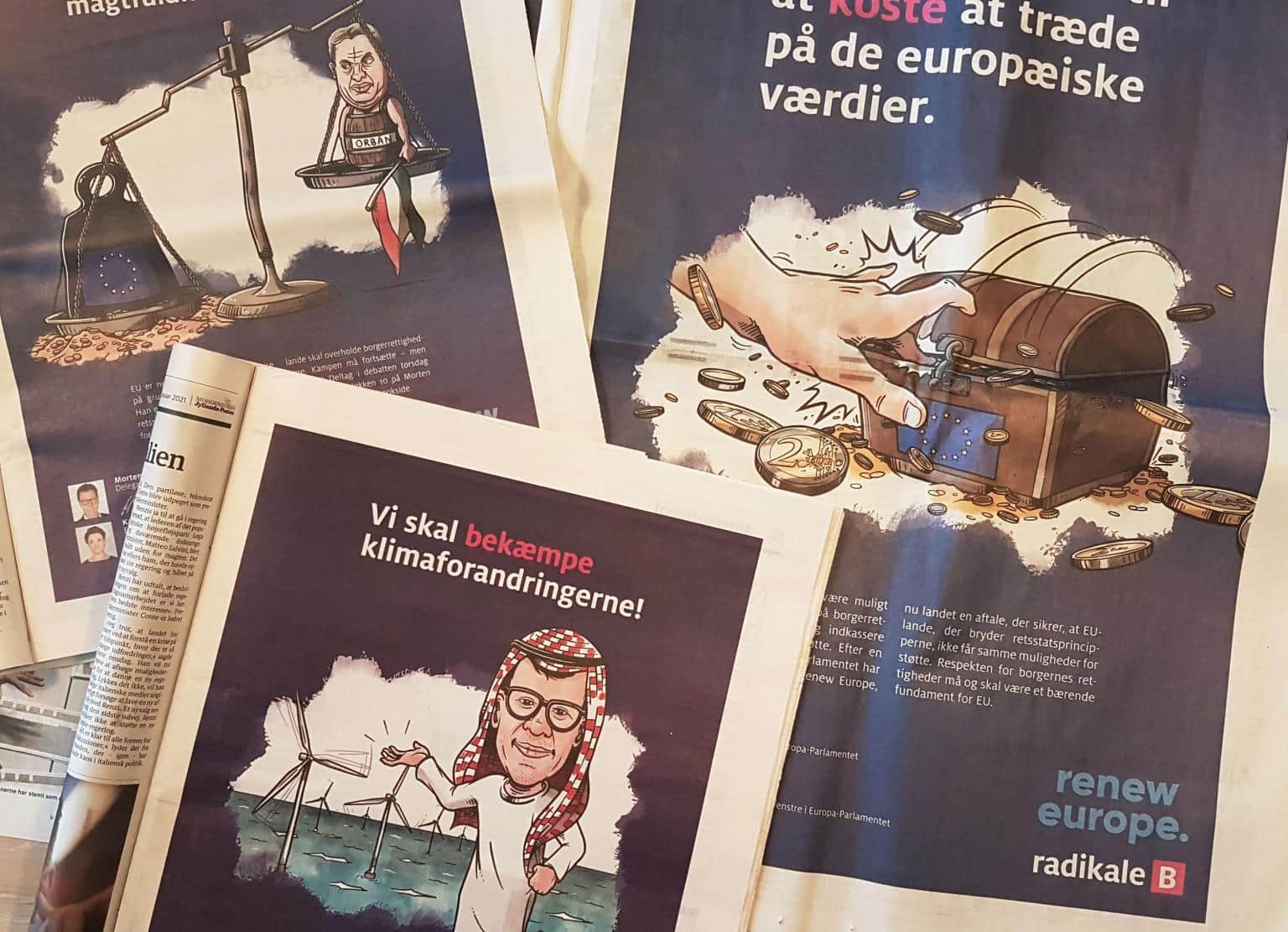 Udvalg af aviser med artikelillustrationer til Radikale Venstre af Valdefar.dk