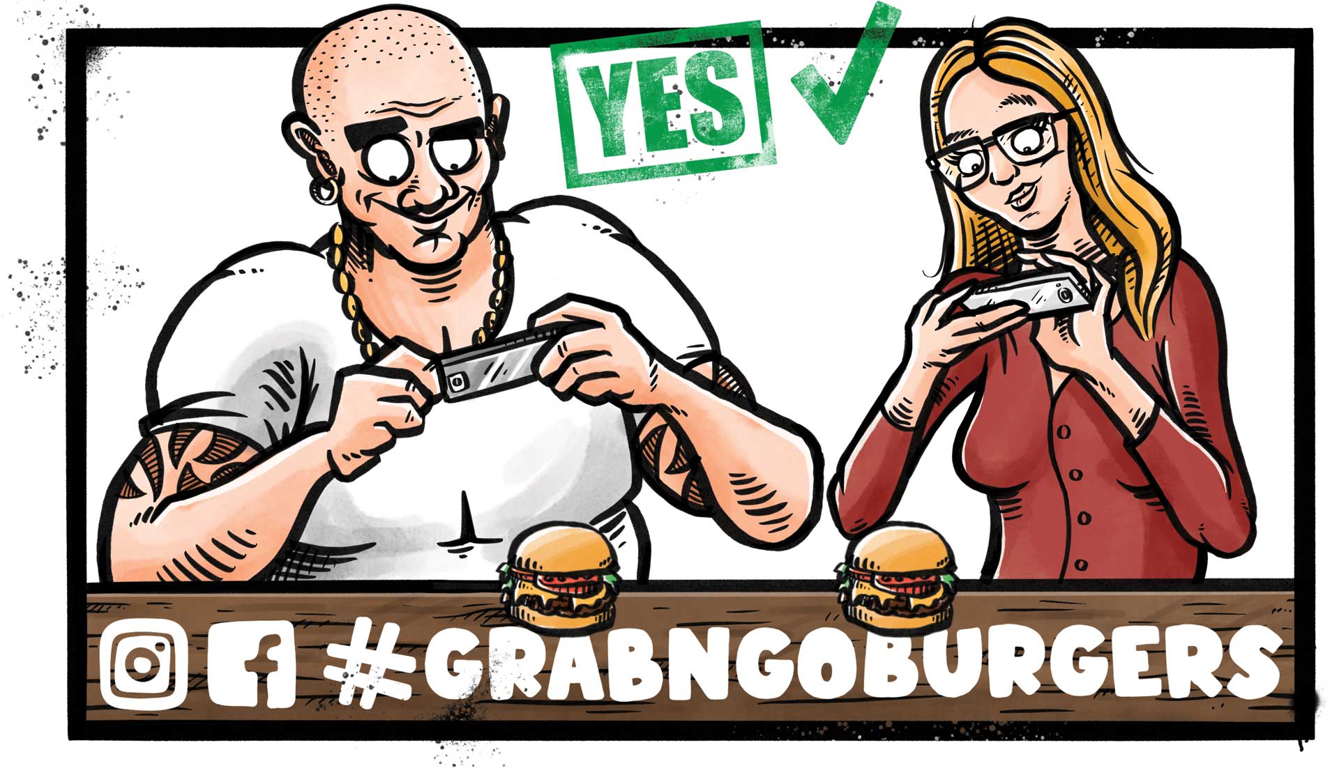 Illustreret burger guide for Grab'n Go Burgers: Sådan deler du din burger