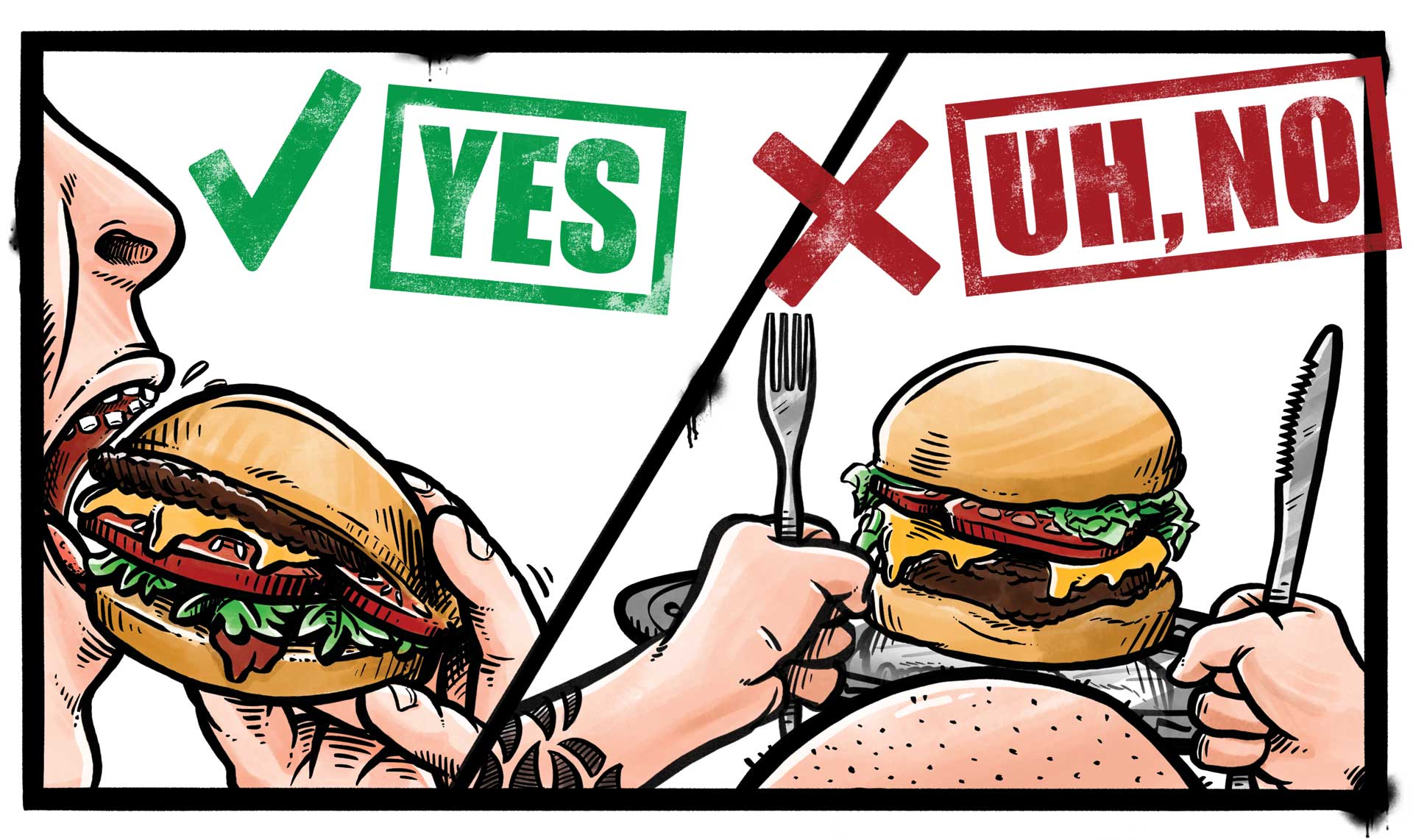Illustreret burger guide for Grab'n Go Burgers: Sådan spiser man en burger