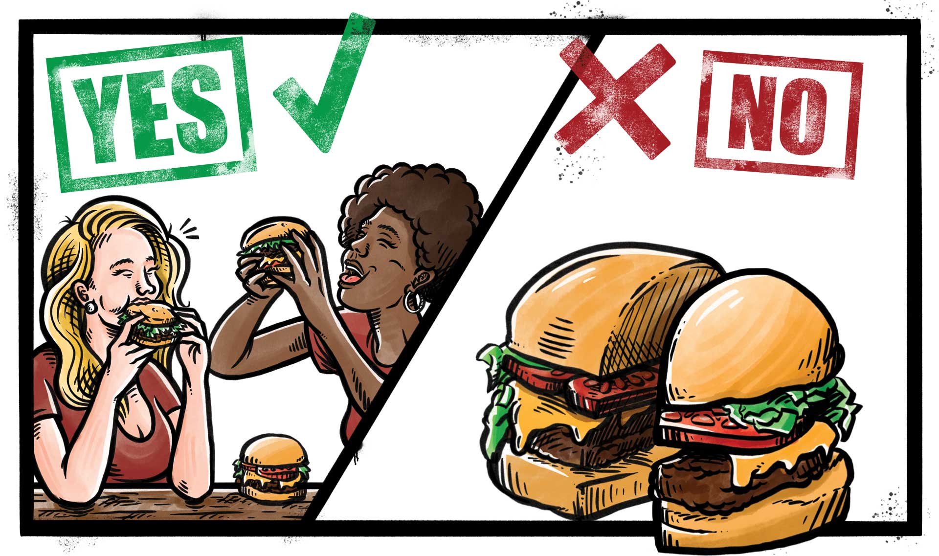 Illustreret burger guide for Grab'n Go Burgers: Sådan deler man en burger
