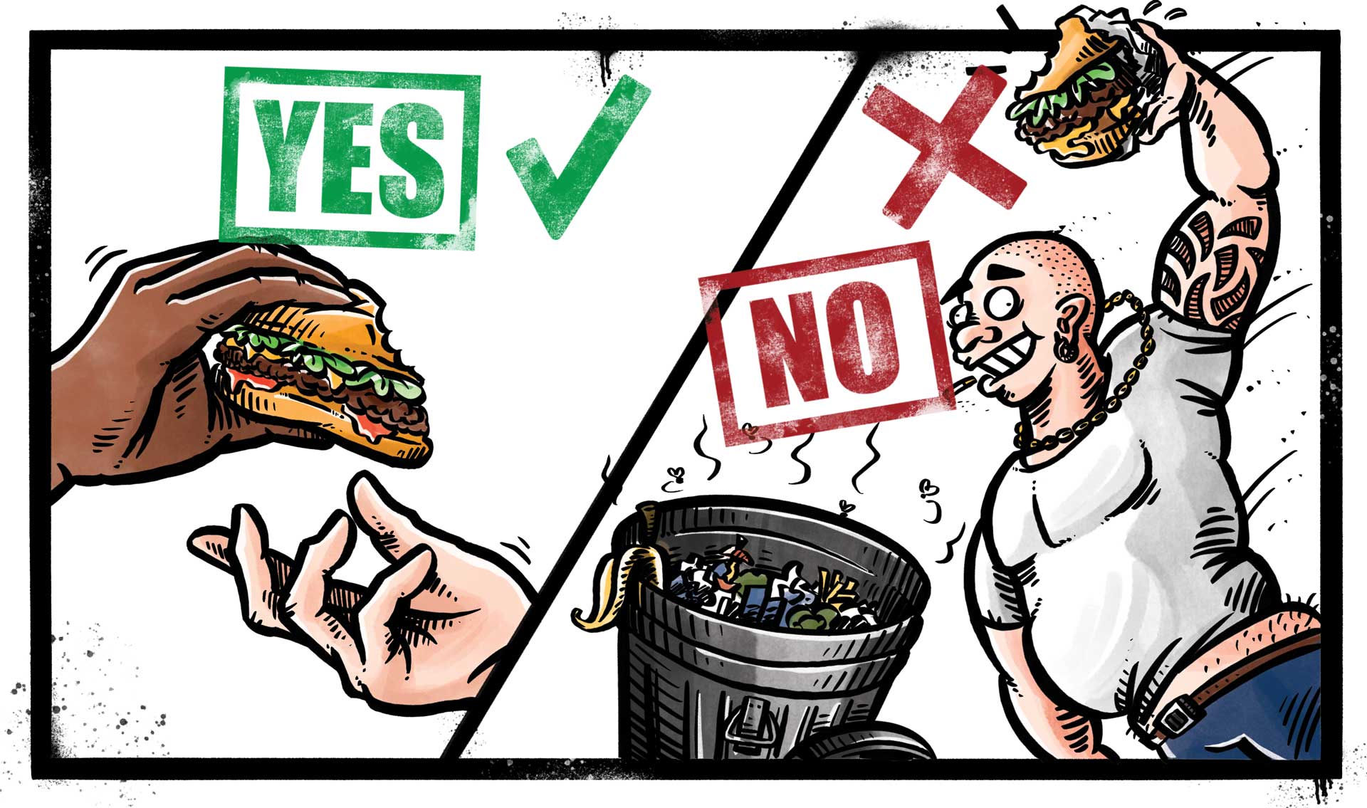 Illustreret burger guide for Grab'n Go Burgers: Sådan skaffer man sig af med overskydende burger